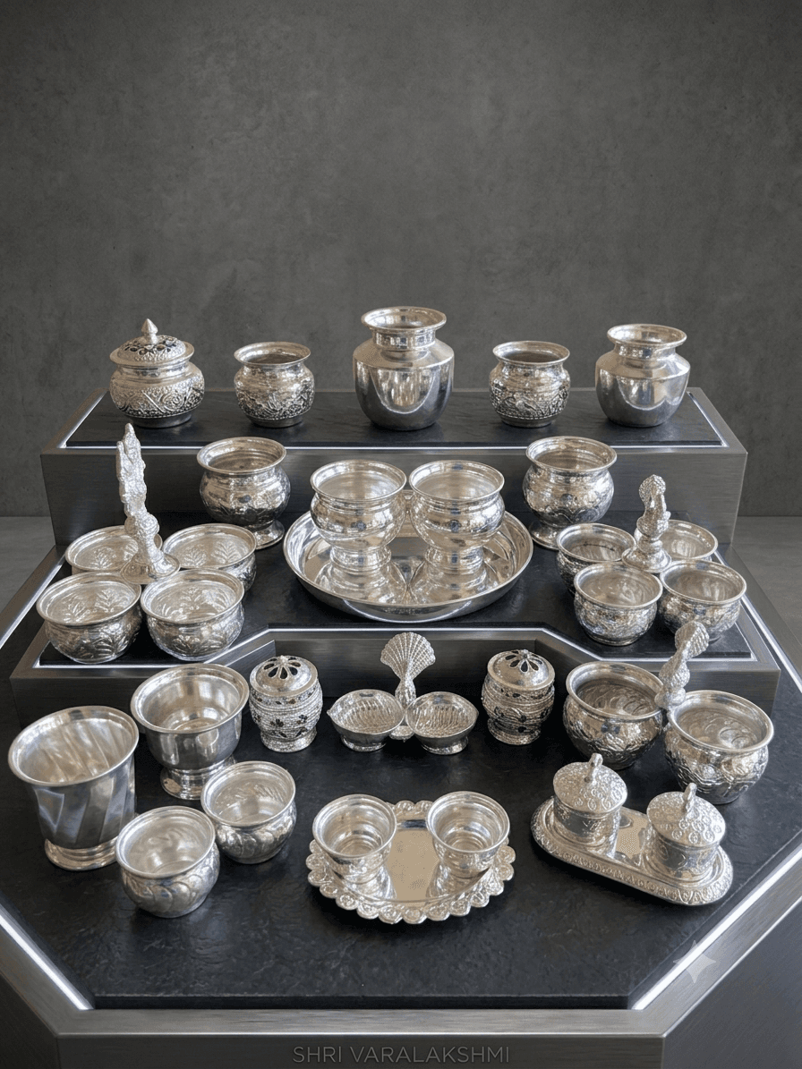 Ornate Silver Pooja Box, Cups, and Accessories Collection