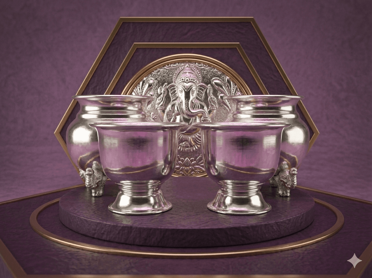Chambered Silver Pooja box & Haldi-Kumkum Cups