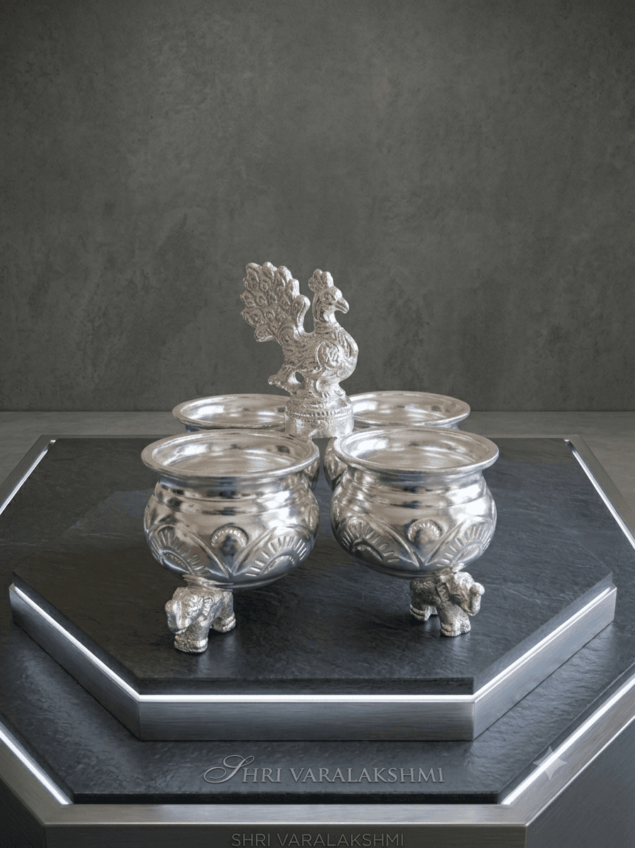 Engraved Lakshmi Silver Pot & Plates